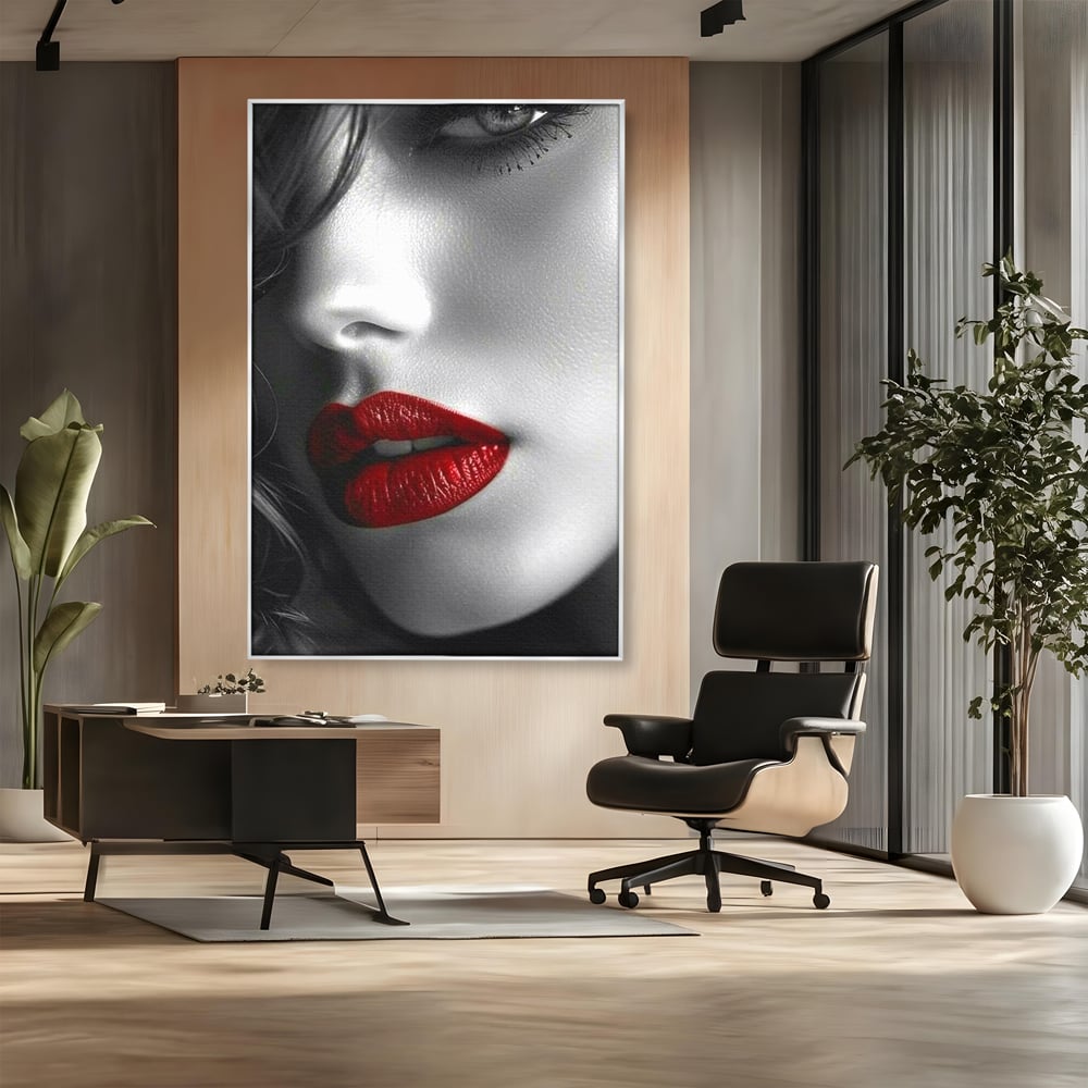 Tablou canvas cu portret feminin alb-negru cu buze rosii, in rama de aluminiu argintiu, pe perete intr-un birou